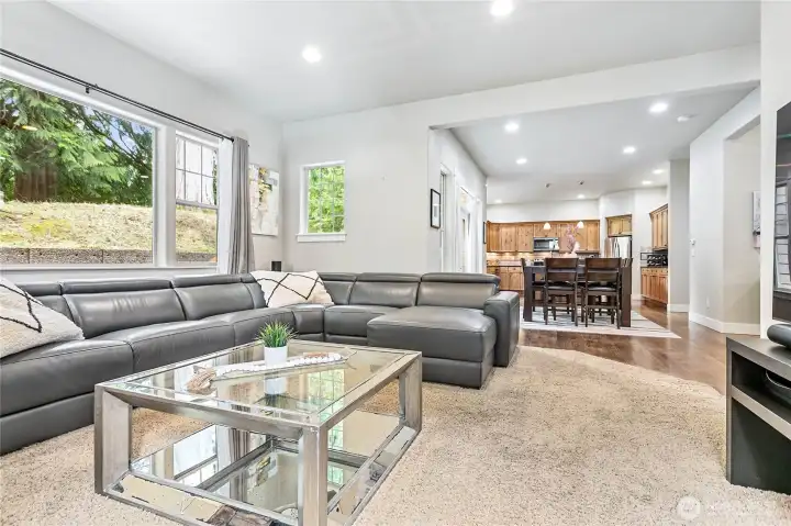 Living room opens into dining and large kitchen