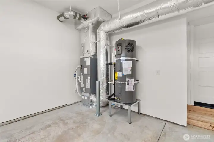 Furnace and hybrid water heater located in garage