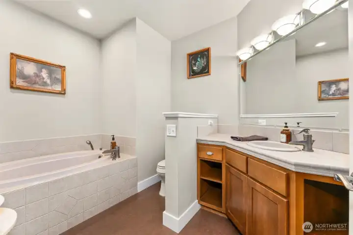 Guest bathroom with soaking tub.