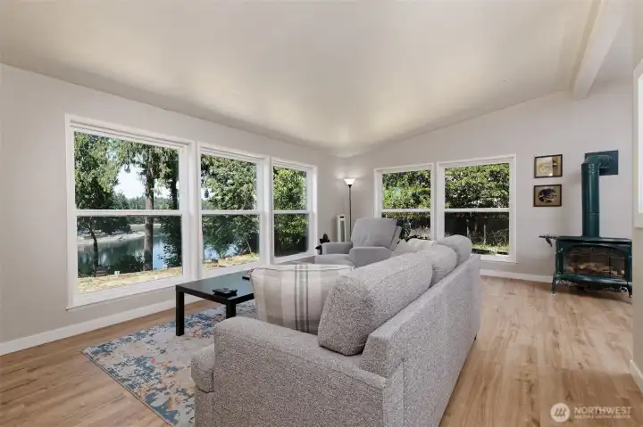 View living room with cozy gas burning stove View living room with cozy gas burning stove
