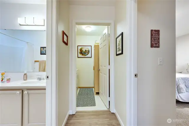 Hallway: full bath to left, laundry straight ahead and second bedroom to the right. See floorplan provided.