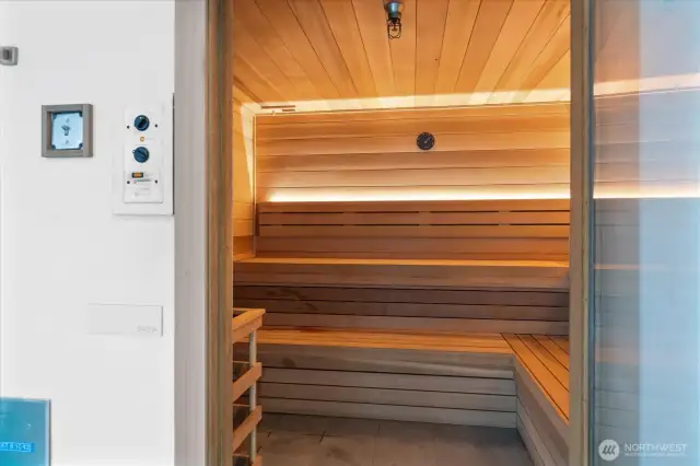 Unwind and recharge in the inviting warmth of your building's sauna, the perfect antidote to Seattle's rainy storms. Step into this cozy retreat, where you can dry out, relax, and let your stress melt away. With soothing heat and a serene atmosphere, it's your personal haven to escape the rain and rejuvenate your senses.