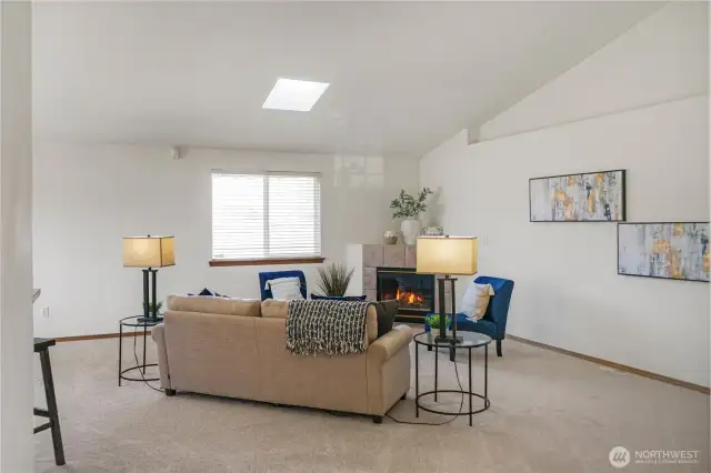 Family Room and Fireplace. Brand New Carpet Throughout