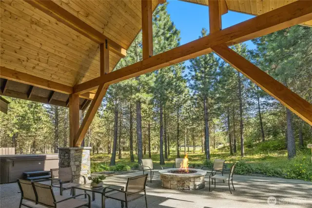 Heated patio with gas fire pit and hot tub