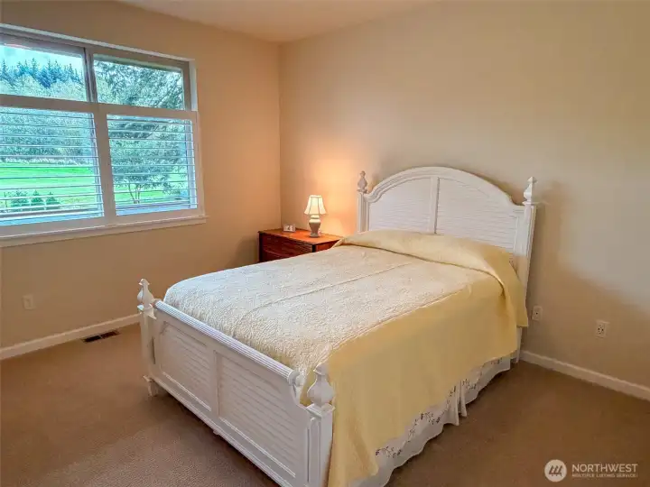 Spacious primary bedroom with ensuite 3/4 bath, walk-in closet and view to the back yard & golf course.