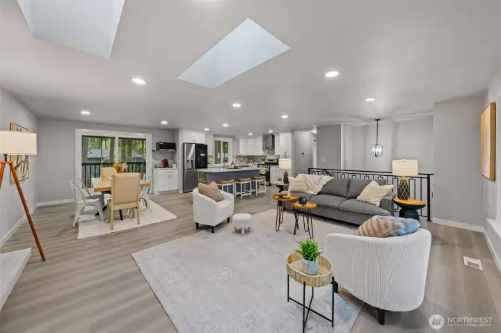 Full view of the living room, dining area and that GORGEOUS kitchen!
