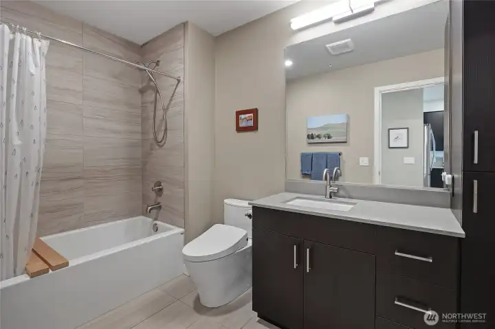 This secondary bathroom has everything you need and is perfect for guests. This secondary bathroom has everything you need and is perfect for guests.