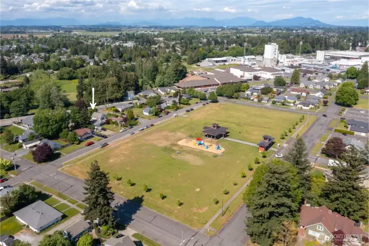 The white square buildings in the background are where many rec basketball sports, local band concerts, and local plays are performed/played
