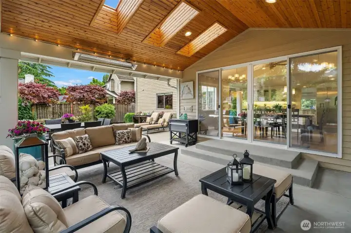 Looking from the outdoor room into the interior dining room.