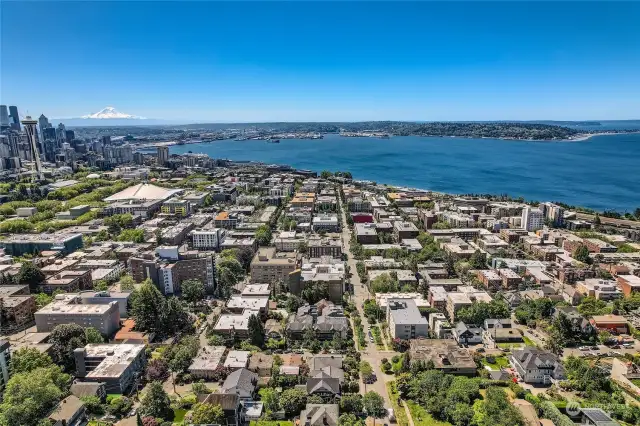 Neighborhood drone shot so close to Seattle Center and Climate Pledge