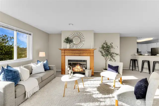 Large living area with wood burning fireplace