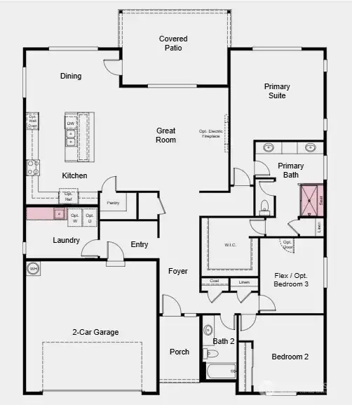 Additional Highlights Include: Shower in place of tub at bath 2, electric fireplace, deluxe shower at primary bath, gourmet kitchen, sink and cabinets at laundry room, and whole house blinds.