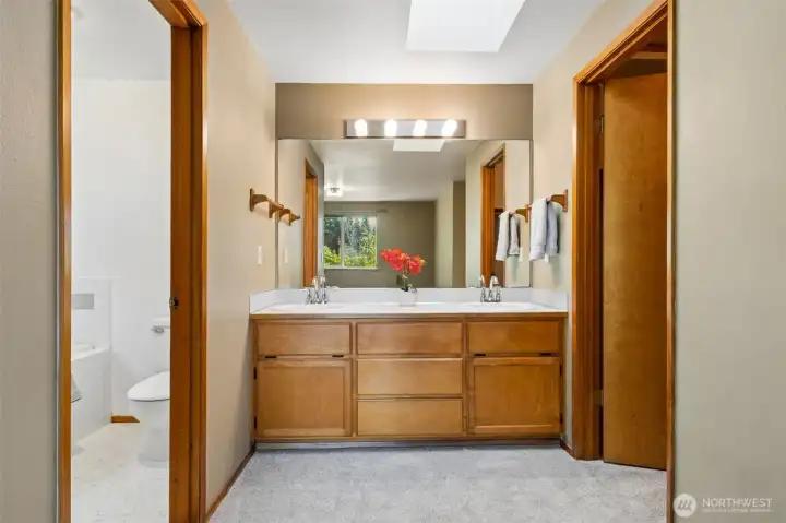 Primary bathroom with walk-in closet and skylight.
