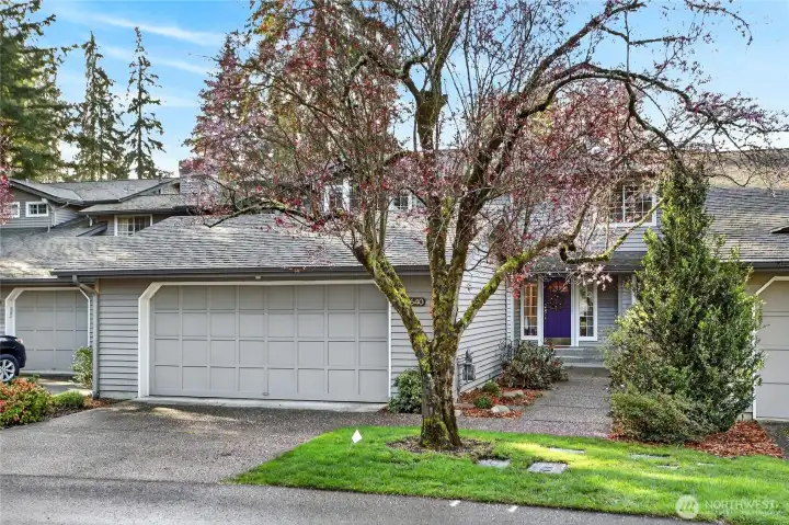 Charming townhome with 2-car garage, mature landscaping & blooming tree. Quiet setting with inviting entry, lush greenery & great curb appeal.