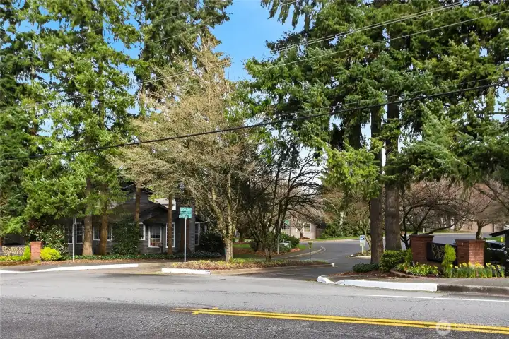 Welcoming entry to the community off Newcastle Way—one of two convenient access points—framed by mature landscaping & a well-maintained approach that sets the tone for this peaceful, established neighborhood.