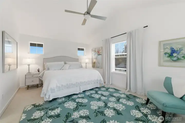 Large primary located on second floor with attached 3/4 bath.