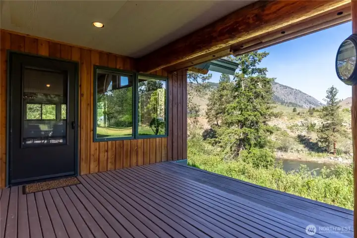 Covered deck area on northen end of the house stays cool all day long. Perfect for a hot tub.