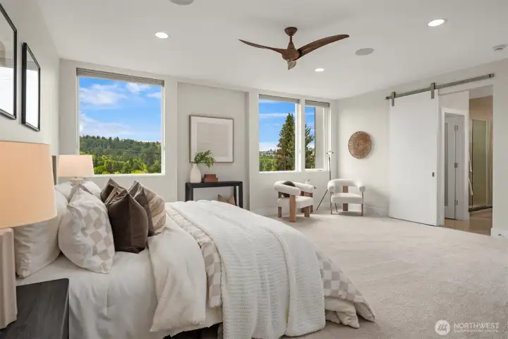Looking across the king sized primary you get high ceilings, built-in speakers, western exposure and all the luxuries you were hoping for.