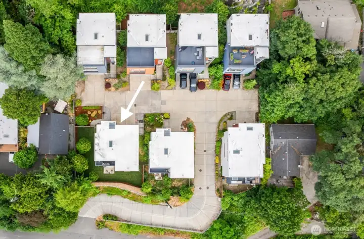 This overhead shot shows how special the location of this home is. Located at the dead end of a private drive and the only one with a real yard.