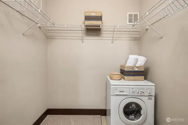 Primary walk in closet with all in one washer/dryer- there are free laundry rooms on each floor.
