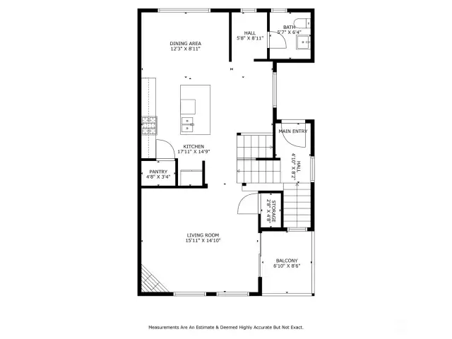 Floorplan main living level 2. Living room, balcony, kitchen with eating space and 1/2 bath