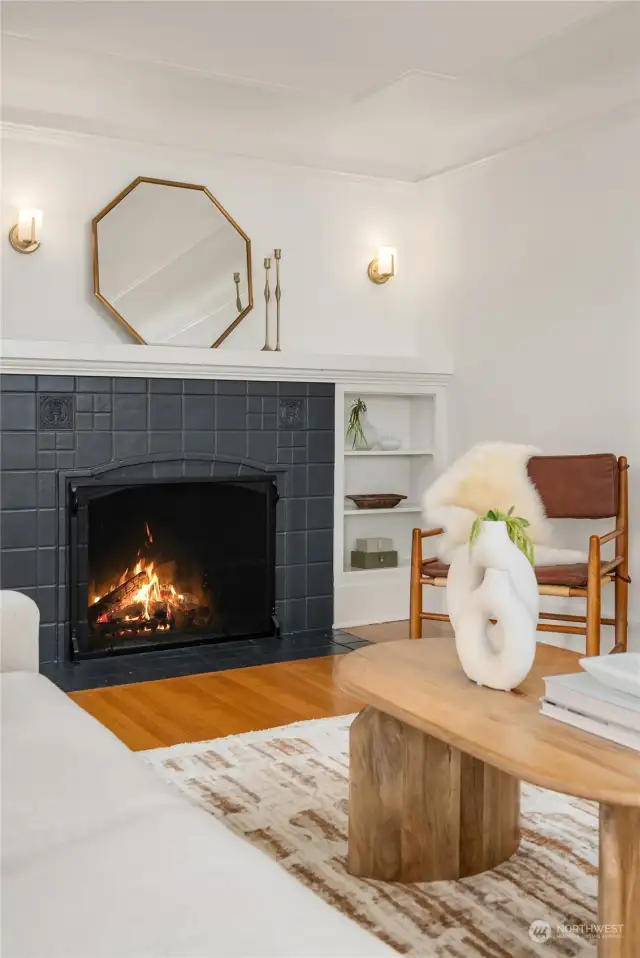 A cozy wood burning fireplace.