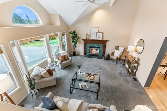 View from stairway looking into living room.