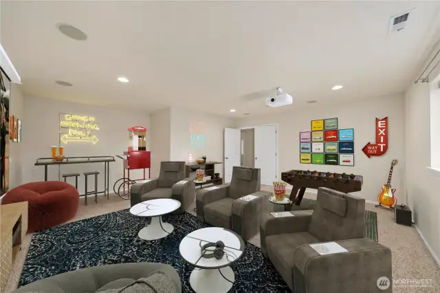 Giant bonus room set up for a theater rec room!