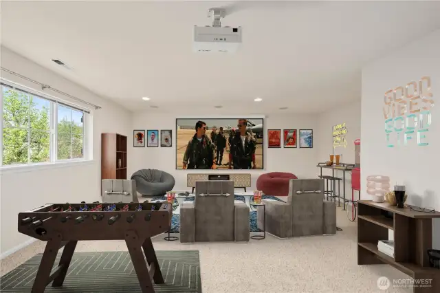 Giant bonus room set up for a theater rec room!