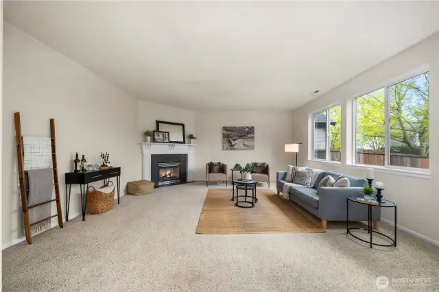 The living room is massive and is open to the large kitchen + dining room