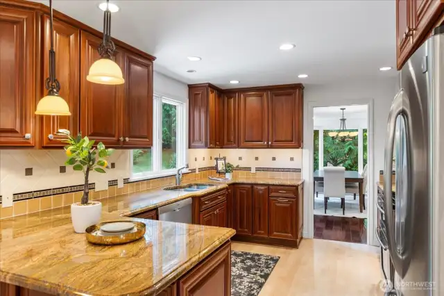 Kitchen has gorgeous solid granite counter tops