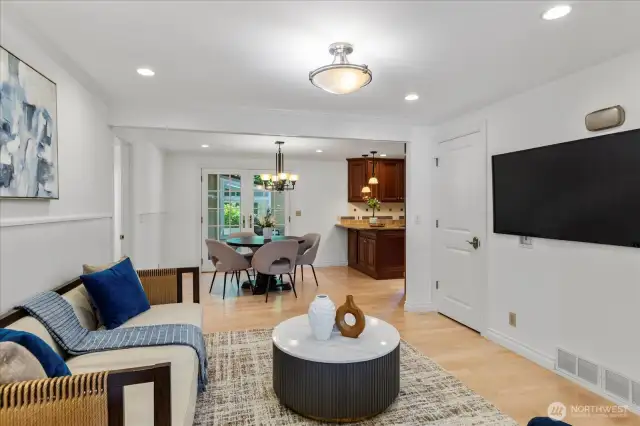 Family room with refinished flooring.