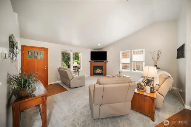 Double-pane windows with adjustable up-and-down window coverings let in plenty of natural light while offering privacy and control.