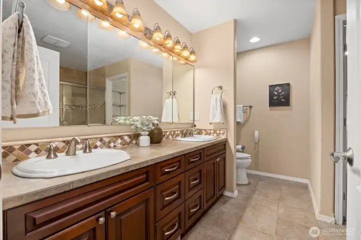 The first floor primary bathroom