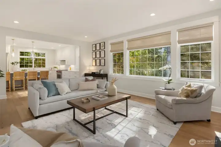 View to the kitchen. Wide plank French white oak floors.
