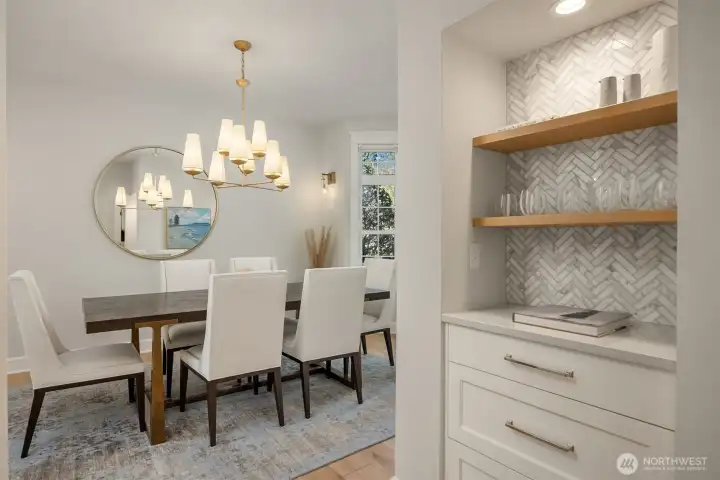 Fontaine Chandelier by Visual Comfort. Built-in drawers and shelving with tile backing.