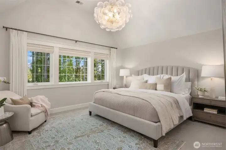 Upstairs Luxury Primary Suite. The Talia Chandelier by Visual Comfort and Custom coverings by Eagle Harbor Blinds + Custom Linen Blackout blinds.