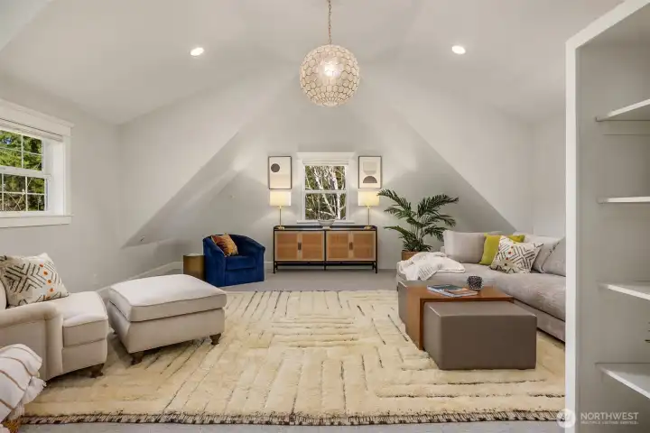 Family room with Serena & Lily lighting.