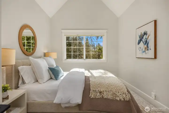 Serena & Lily Pendant and vaulted ceiling, upper bedroom number three.