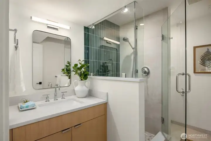 3/4 designer bathroom with heated floor.