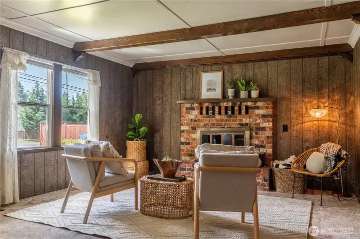 Living Room with cozy wood burning fireplace