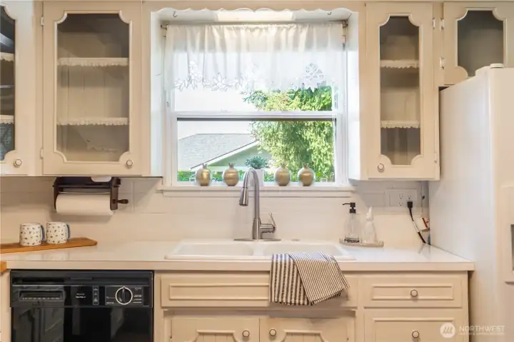 Kitchen view with double sink.