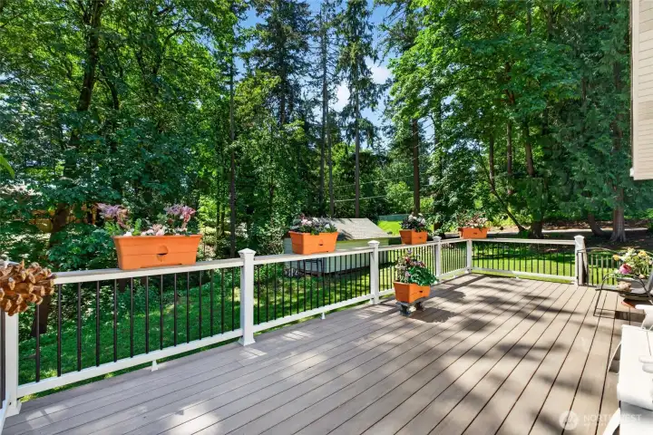 Coffee by morning, entertaining by night on this expansive deck, surrounded by peaceful natural beauty. Coffee by morning, entertaining by night on this expansive deck, surrounded by peaceful natural beauty.