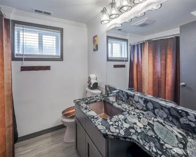 Completely redone bathroom with new shower/tub insert, new vanity, countertop, lights and toilet!