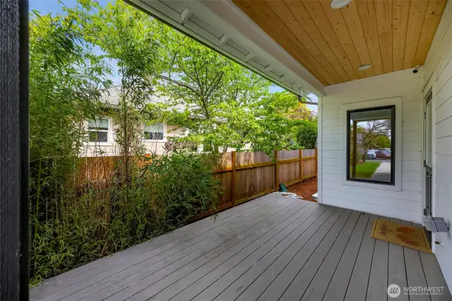 Covered back porch.  There is a sizable side yard that can be fenced for privacy or pets.