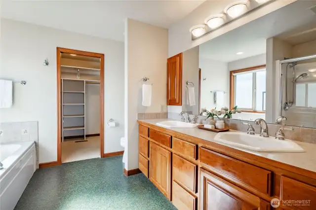 Spa like Ensuite with double sinks, soaker tub, shower and walk-in closet