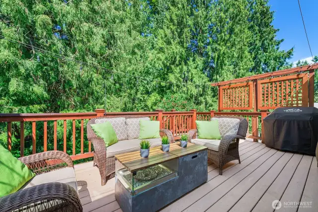 You'll want to spend all your time on this deck!  Beautiful cedar trees shade the back yard with filtered sunlight, and also provide privacy to the deck and backyard.