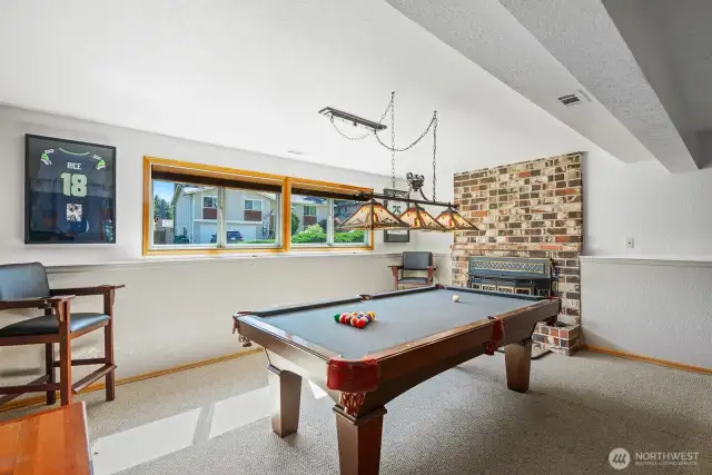 Wood burning fireplace insert warms the winter nights. AC keeps you cool on the warm days...