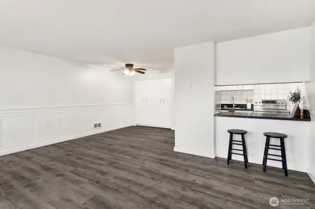 Living room, dining room and kitchen