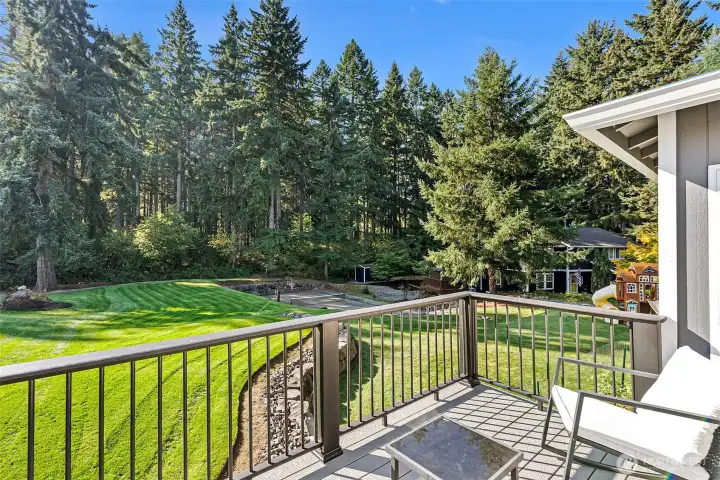 Side deck overlooking back yard off of primary bedroom.